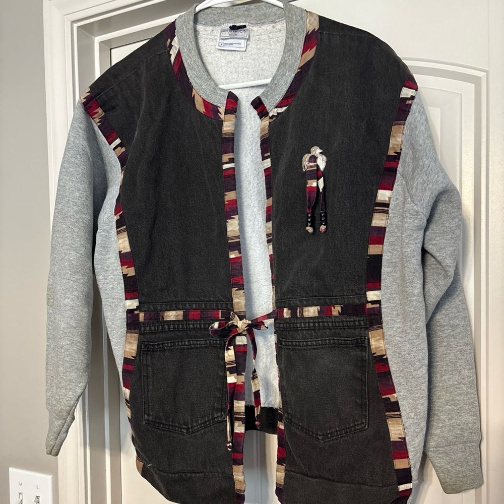 Vintage Handmade With Black Jeans Western Aztec Jacket Womens X-Large